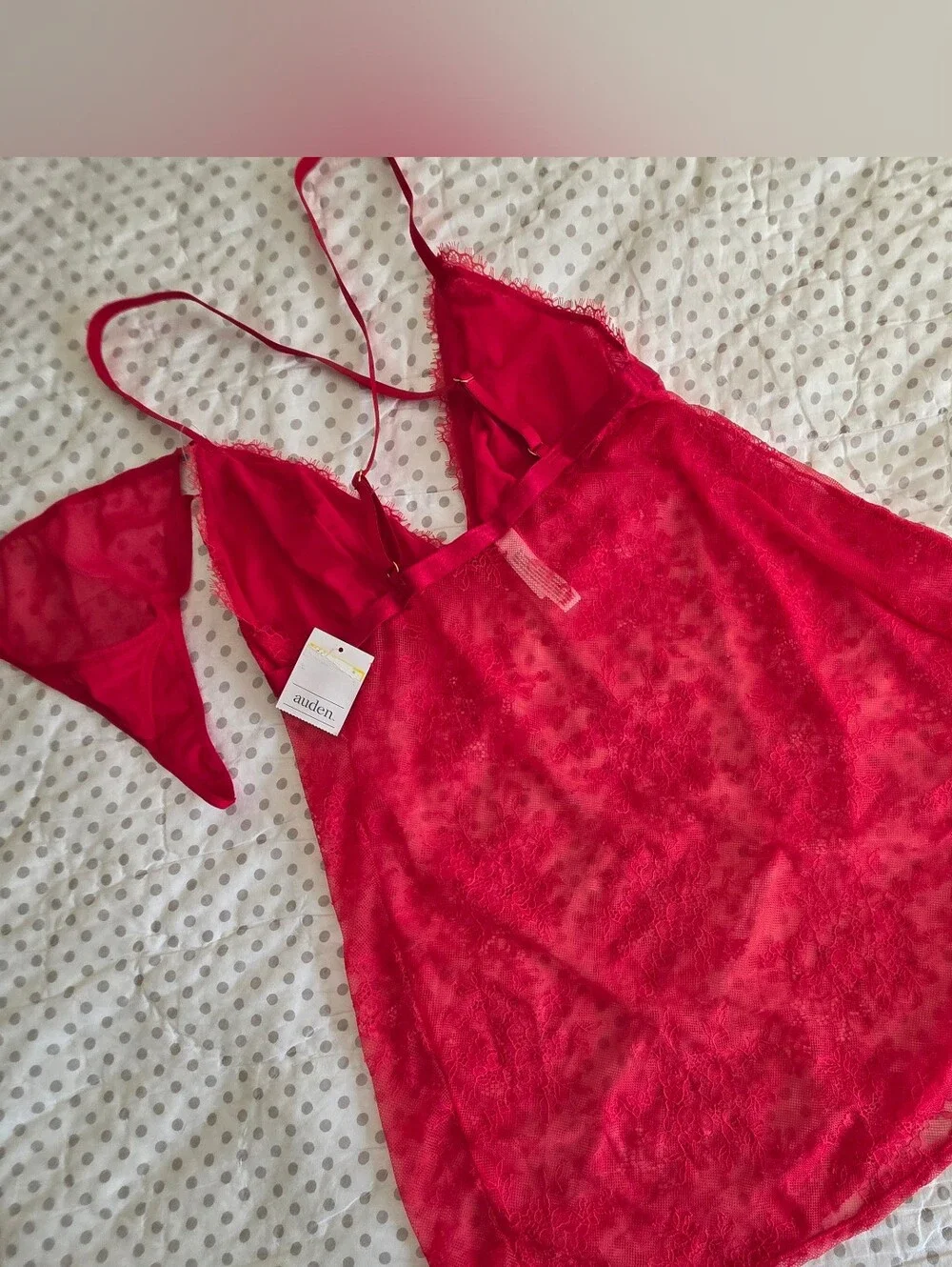 Auden Cherry Red Sheer Lace Baby Doll Mini & Thong Lingerie Set Size L